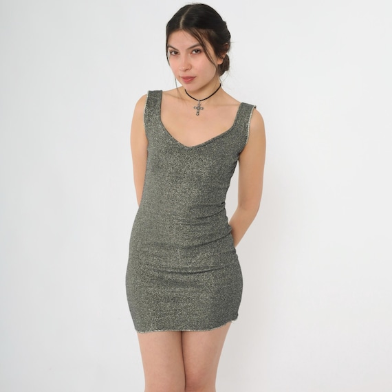 Vintage Glitter Bodycon Dress 90s Sparkly Metallic Black Silver Mini Scoop Neck Sleeveless Stretch Club Y2K 1990s Evening Party Small xs