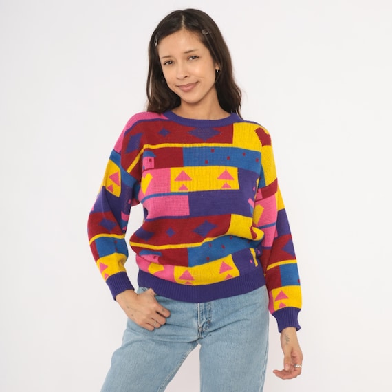 80s Geometric Colorblock Knit Sweater Purple Pink Yellow Hearts Triangles Diamonds Abstract Patchwork Jumper Funky Eccentric Bright Medium M