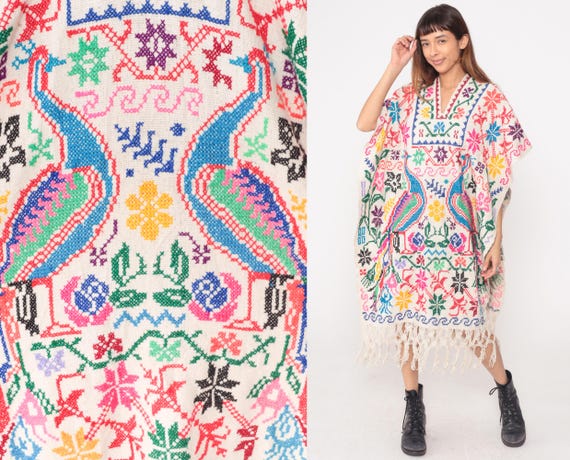 70s Embroidered Poncho Mexican Sarape Oaxacan Cross Stitch Fringe Hem Colorful Floral Bird Peacock Cotton Knee Length Tunic Vintage Medium M