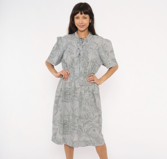 80s Floral Leaf Print Dress Grey Cotton Tie Neck Blouse Short Sleeve Botanical Garden Party Ash Charcoal Line Drawing Small To Medium S M