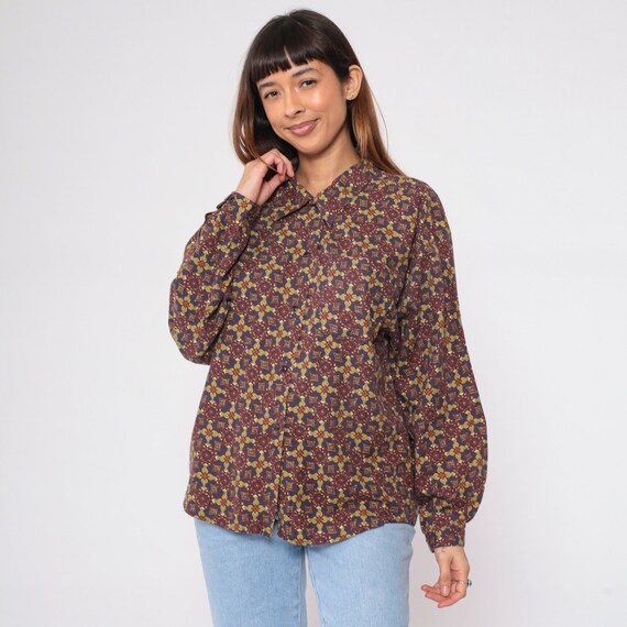 Geometric Floral Blouse 90s Button up Shirt Abstract Flower Tile Print Long Sleeve Collared Top Retro Boho Vintage 1990s van nuesen Large L