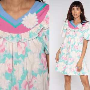 Floral Mini Dress Tent Dress White Pink Green Boho 80s Bohemian Vintage 1980s Retro Trapeze Puff Sleeve Dress Medium
