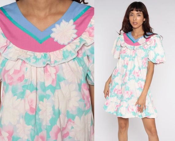 Floral Mini Dress Tent Dress White Pink Green Boho 80s Bohemian Vintage 1980s Retro Trapeze Puff Sleeve Dress Medium