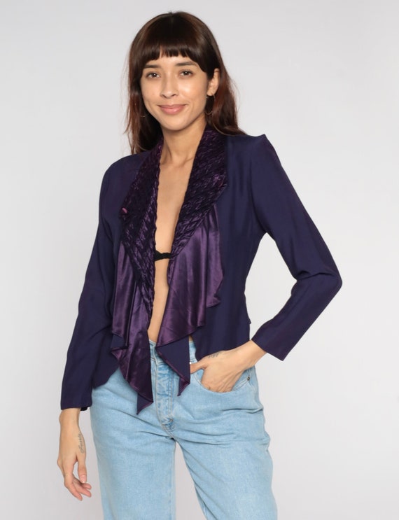Purple Blazer Jacket 90s Cascade Ruffle Open Front Cropped Jacket Woven Back Slit Vent Retro Boho Glam Party Vintage 1990s Extra Small xs 2