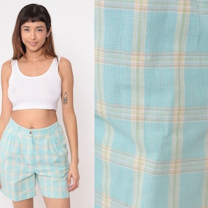 90s Plaid Shorts Aqua Blue Yellow Pleated Trouser Shorts Mom High Waisted Retro Checkered Preppy Ramie Cotton Vintage 1990s Medium 8