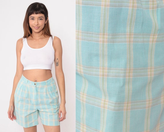 90s Plaid Shorts Aqua Blue Yellow Pleated Trouser Shorts Mom High Waisted Retro Checkered Preppy Ramie Cotton Vintage 1990s Medium 8