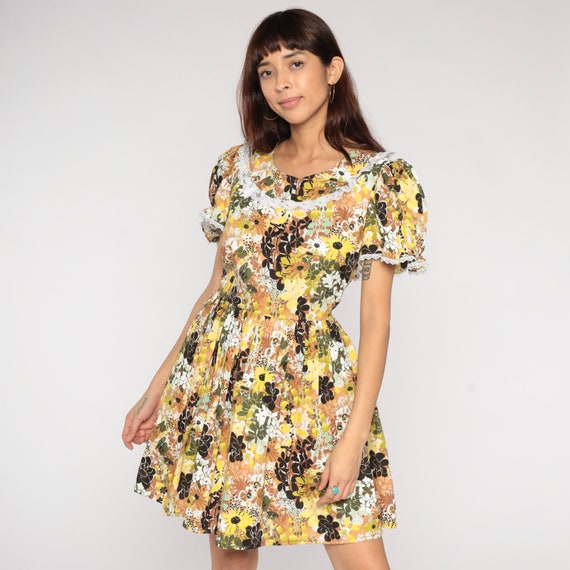 Floral Mini Dress Y2k Puff Sleeve Lace Trim Dress Boho Retro Day Dress Flower Print Hippie Bohemian High Waist Full Skirt Vintage 00s Medium