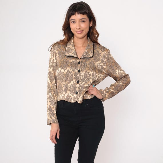 Floral Brocade Jacket 90s Gold Metallic Collared Black Piping Trim Cropped Short Vintage Minimalist Old Money Dark Academia Style Medium M