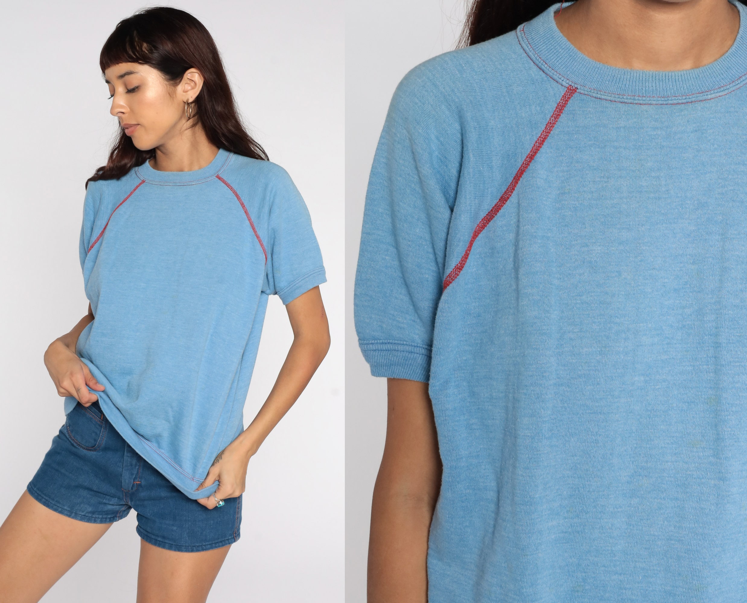 Blue Short Sleeve Sweatshirt 80s Plain 
