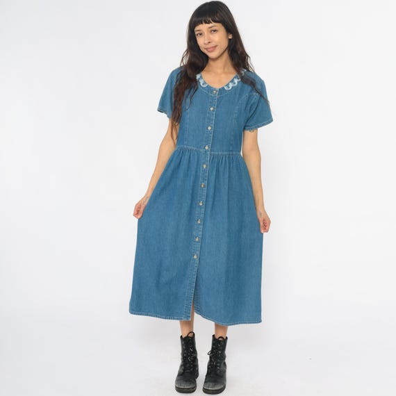 Denim Embroidered Dress Heart Collar 90s Blue Lace Collar V Neck Cottagecore Prairie Tie Waist Gathered Cotton Vintage Jean Summer Large L
