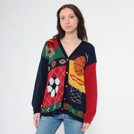 Vintage Sports Theme Cardigan 90s Basketball Football Soccer Novelty Sweater All Over Print Knit V Neck 1990s Colorblock Plus Size xl 2x