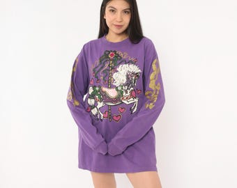 90s Carousel Horse TShirt Purple Gold Glitter Long Sleeve Crew Neck Cotton Pullover Hearts Whimsical Violet Vintage Tee Extra Large XL
