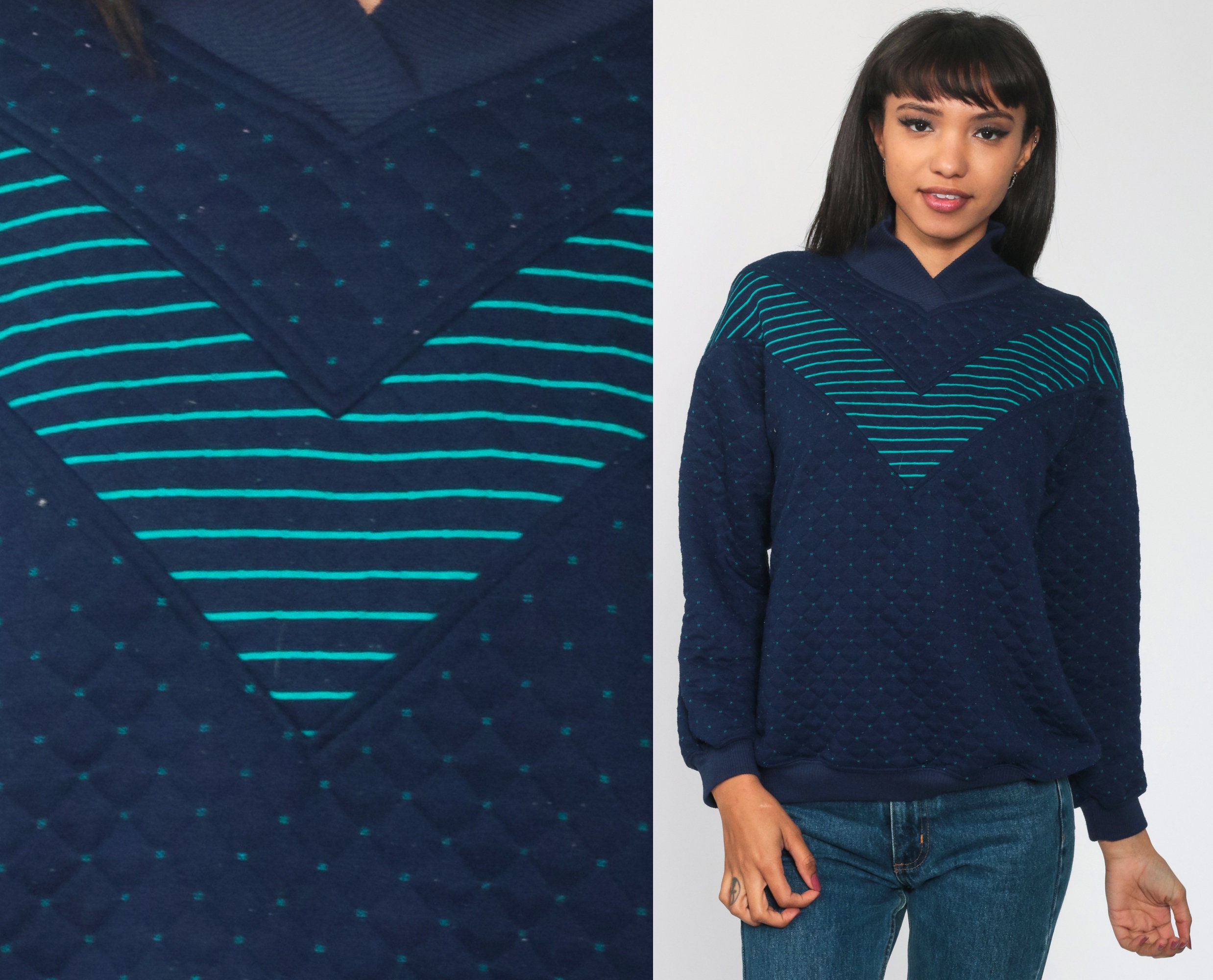 Polka Dot Sweatshirt 80s Quilted Navy Blue Sweatshirt Funnel Neck ...