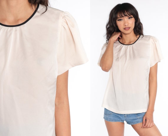 Y2K Blouse Flutter Puff Sleeve Shirt 00s Short Sleeve Vintage Cream Loose Fitting Shirt Medium