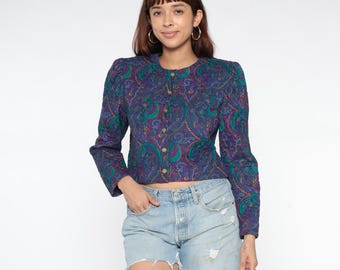 Purple Paisley Jacket Quilted Cropped Blazer Coat 90s Jewel Tone Teal Burgundy Psychedelic Swirl Print Long Sleeve Fitted Vintage Medium M