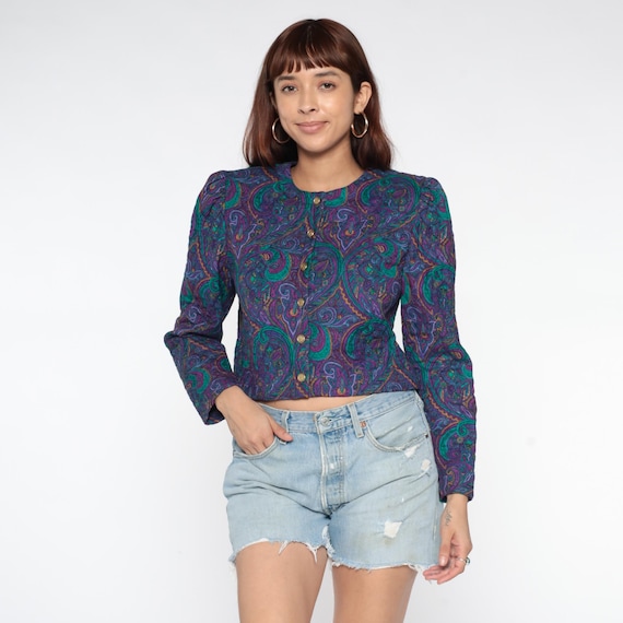 Purple Paisley Jacket Quilted Cropped Blazer Coat 90s Jewel Tone Teal Burgundy Psychedelic Swirl Print Long Sleeve Fitted Vintage Medium M