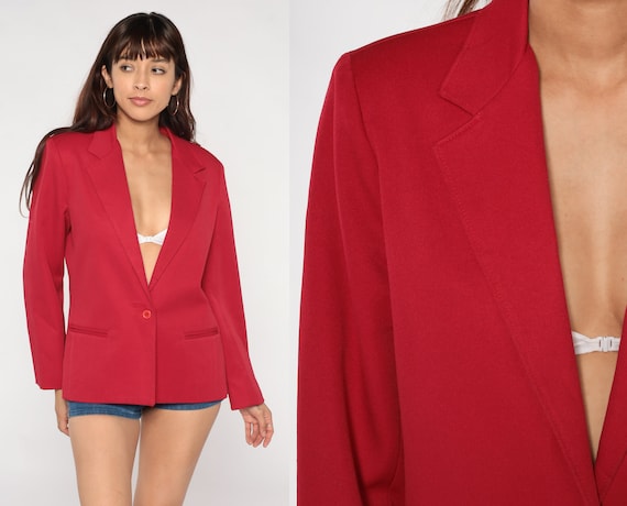 Red Blazer Jacket 80s Button Up Jacket Retro Business Office Wear Retro Secretary Formal Work Blazer Plain Solid Coat Vintage 1980s Medium M
