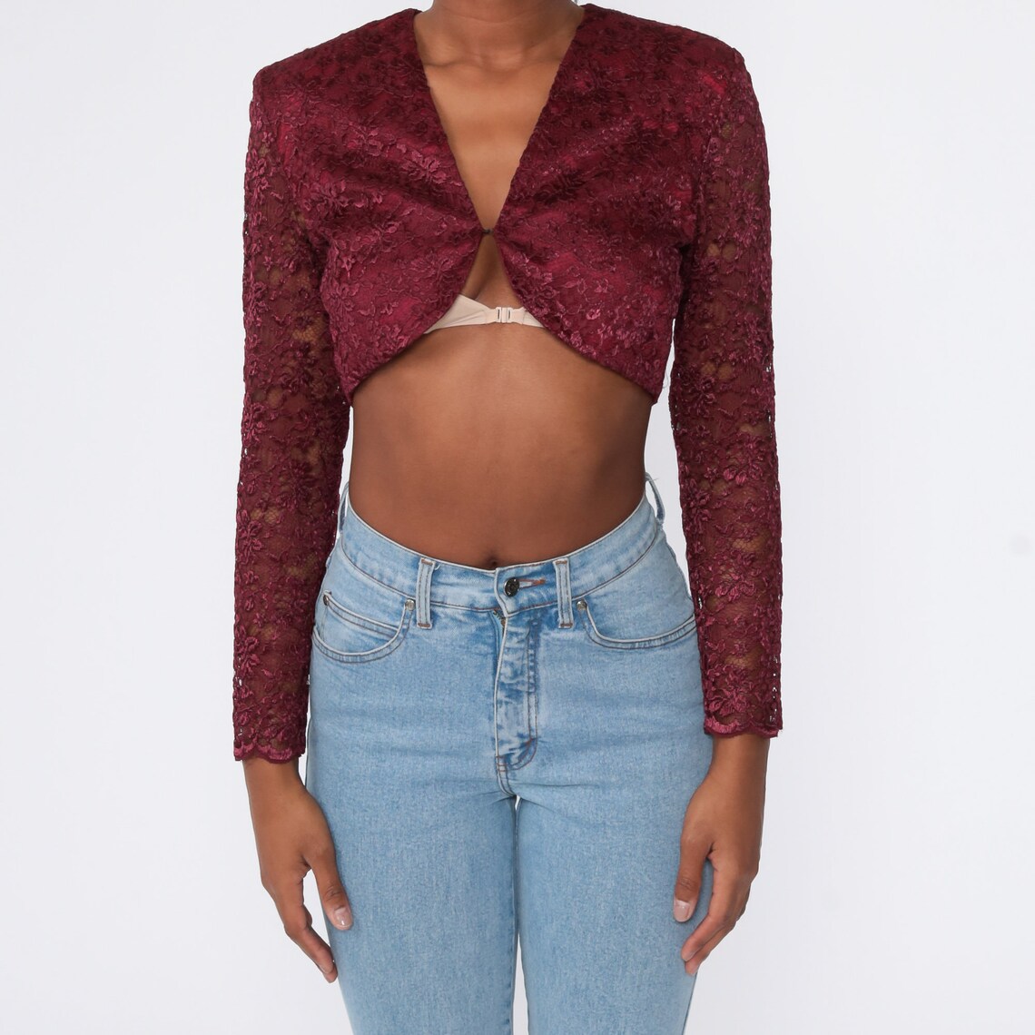 Lace Crop Top 90s Burgundy Shirt Long Sheer Sleeve Blouse | Etsy