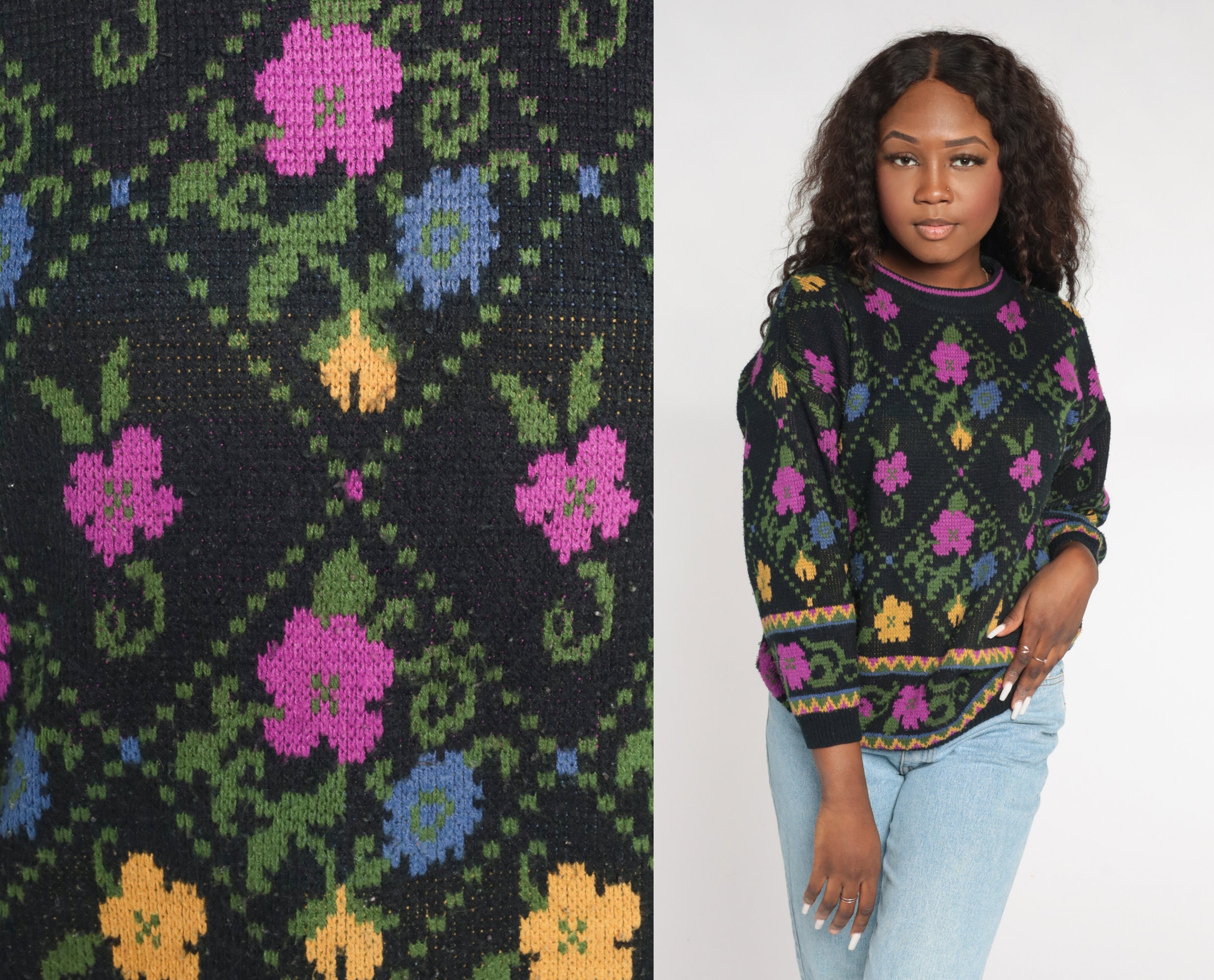 Black Floral Sweater 90s Knit Flower Sweater Retro Slouchy Pullover
