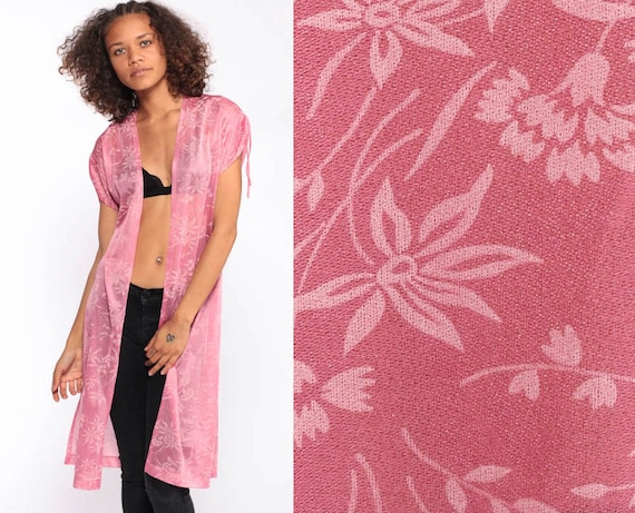 Sheer Floral Jacket Pink Kimono Floral Print 70s Bohemian HIGH SLIT Vintage Boho Hippie Festival 1970s Small