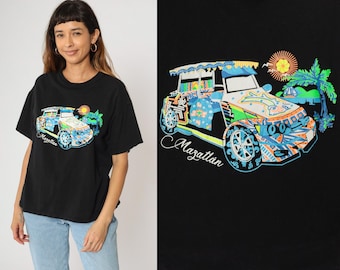 Vintage Y2K Mazatlán Mexico Shirt Black Graphic Car Souvenir Tee 90s Colorful Tropical Beach Print Short Sleeve Crew Neck T-Shirt Large L