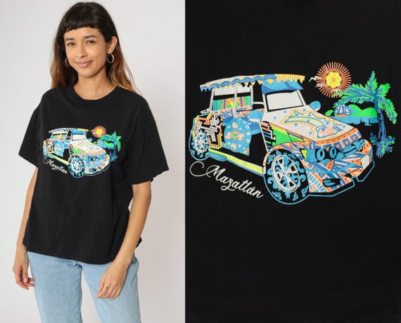 Vintage Y2K Mazatlán Mexico Shirt Black Graphic Car Souvenir Tee 90s Colorful Tropical Beach Print Short Sleeve Crew Neck T-Shirt Large L