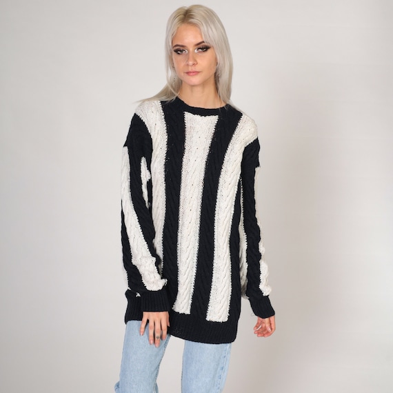 Black and White Striped Sweater 80s Cable Knit Pullover Knit