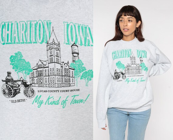 Chariton Iowa Sweatshirt 80s 90s Lucas County Shirt My Kind of Town Classic Car Courthouse Raglan Sleeve Vintage Retro Grey Extra Large XL