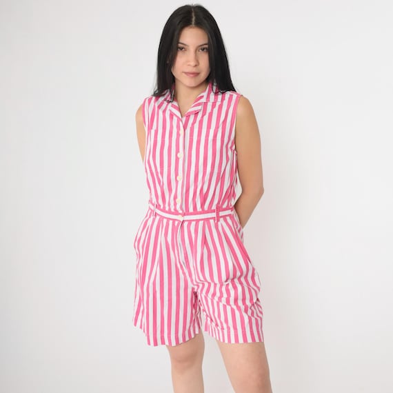 Vintage Striped Romper Playsuit 80s White Pink Button Up Cotton Romper Shorts High Waist 1980s Sleeveless Small