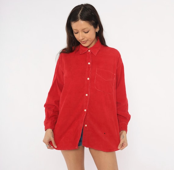 Red Corduroy Shirt 90s Button Front Blouse Cotton Long Sleeve Collared Top Chest Pocket Crimson Cord Relaxed Fit Grunge Vintage Medium M