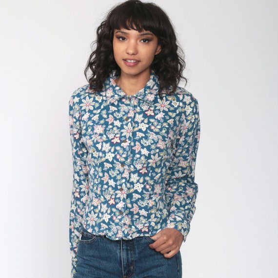 GUESS Shirt Y2K Floral Shirt Button Up Blouse Blue Long Sleeve Top Grunge Shirt Boho 90s Vintage 00s Medium