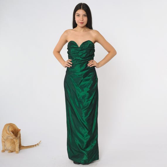 Green Formal Dress 80s Strapless Sweetheart Vintage Prom Gown Evening Wear Floor Length Ruched Bodice Party Cocktail Wedding Dance Medium M