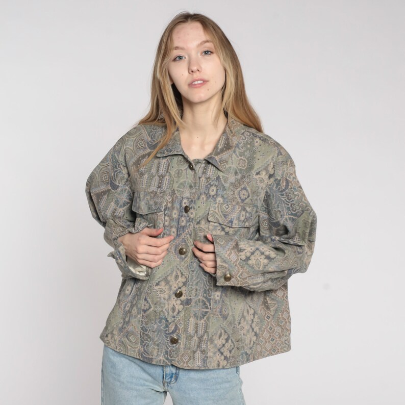 90s Boho Jacket Geometric Jacket Lightweight Button Up Cargo Jacket Bohemian Vintage 1990s Floral Bohemian Jacket Taupe Blue Extra Large xl image 4