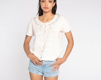 Sheer Crochet Blouse 90s White Crochet Shirt Embroidered Floral Boho Hippie Top 1990s Button Up Bohemian Dreamy Romantic Medium Large