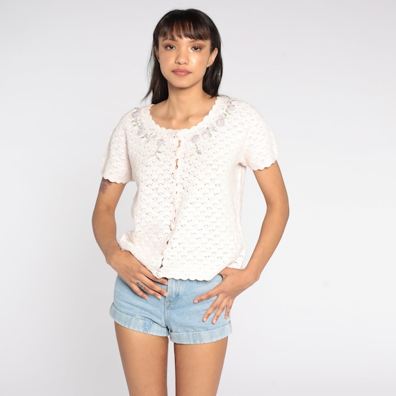 Sheer Crochet Blouse 90s White Crochet Shirt Embroidered Floral Boho Hippie Top 1990s Button Up Bohemian Dreamy Romantic Medium Large