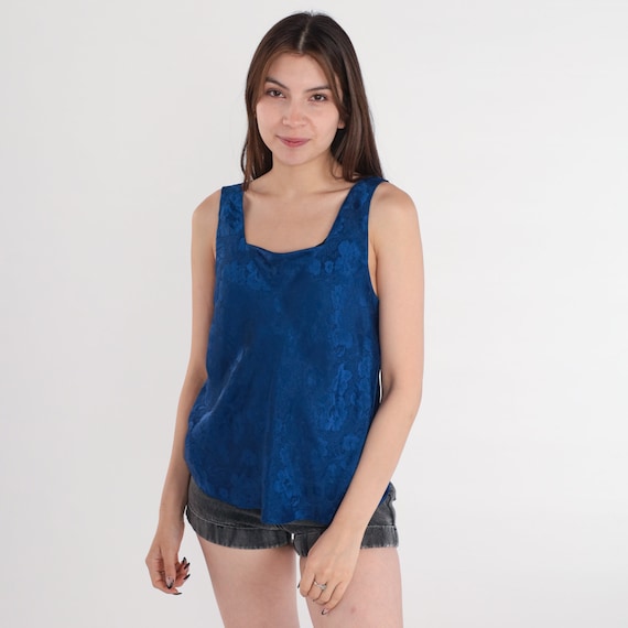 Navy Blue Floral Tank Top 90s Satin Cami Top Embossed Flower Print Camisole Lingerie Shirt Sleeveless Blouse Boho Vintage 1990s Medium M
