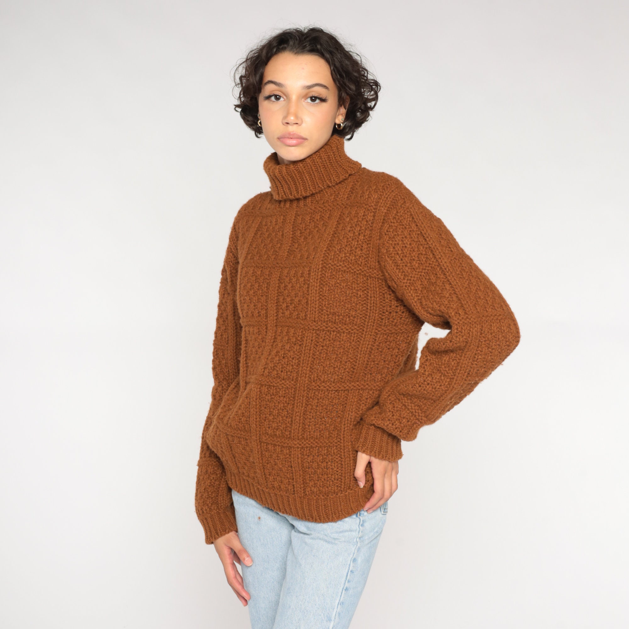 Brown Turtleneck Sweater 70s Chunky Knit Sweater Wool Blend Retro