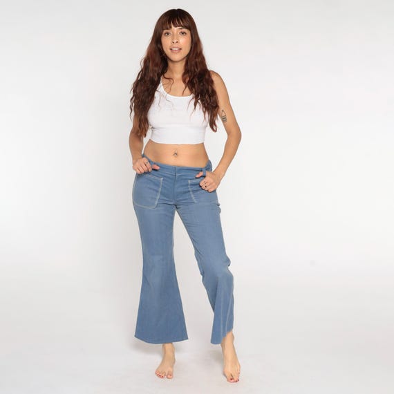 Vintage Blue Twill Bell Bottoms 70s Flared Pants Boho Hippie Mid Rise Bellbottom Trousers Retro Seventies Bohemian 1970s Men's Medium
