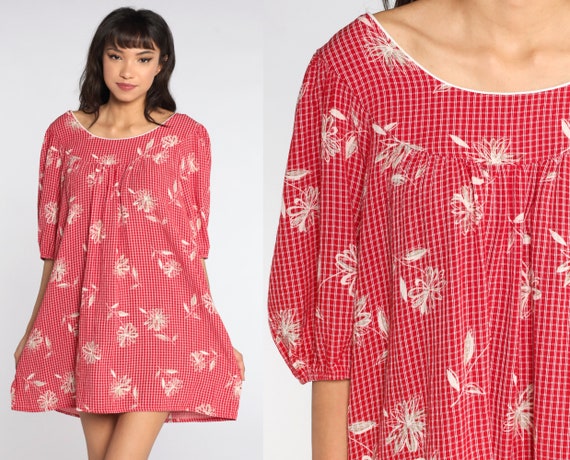 80s Floral Dress Red Peasant Puff Sleeve Dress Checkered Mini Dress 1980s Short Sleeve Vintage Shift Tent Dress Large L