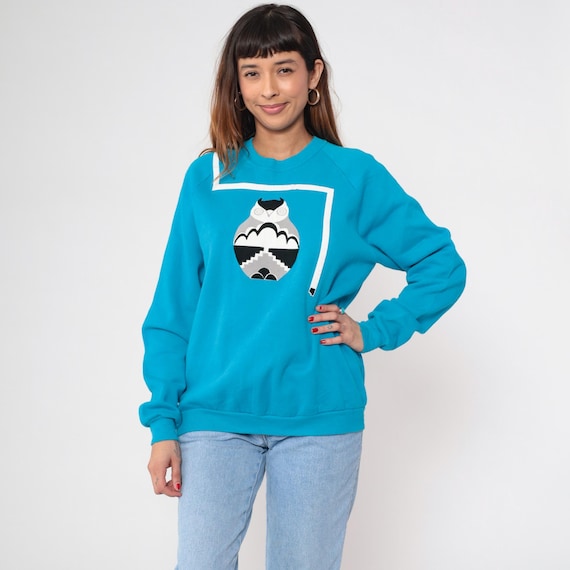90s Owl Sweatshirt Turquoise Blue Graphic Crewneck Pullover Raglan White Stripe Design Vintage Jerzees Athletic Casual Unisex Extra Large XL