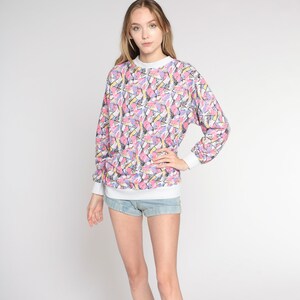 Abstract Print Sweatshirt 80s 90s Pullover Crewneck Statement Sweater Retro Streetwear Athleisure Pink Purple Yellow White Vintage Medium M image 3