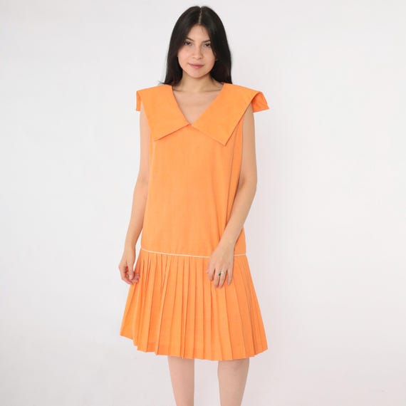 Vintage 60s Scooter Dress Orange Sailor Collar Mod Drop Waist Pleated Sixties Shift Twiggy Go Go Sleeveless Retro 1960s Small Medium