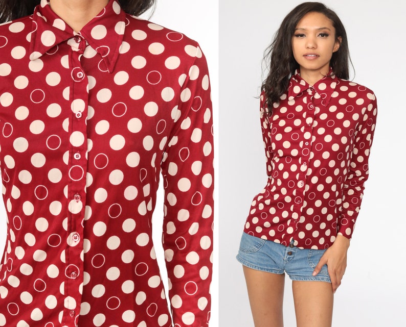 Polka Dot Shirt 70s Dagger Collar Top Button Up Shirt Dark Red Blouse Boho Disco 1970s Collared Nerd Geek Vintage Long Sleeve Small