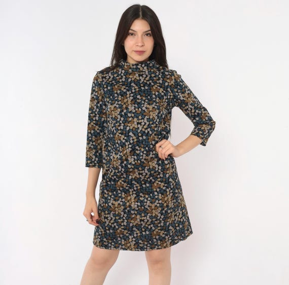 Distressed 60s Leaf Print Dress Black Blue Three Quarter Sleeve Brown Lavender Mod A Line Dark Cottagecore Autumn Vintage Extra Small XS