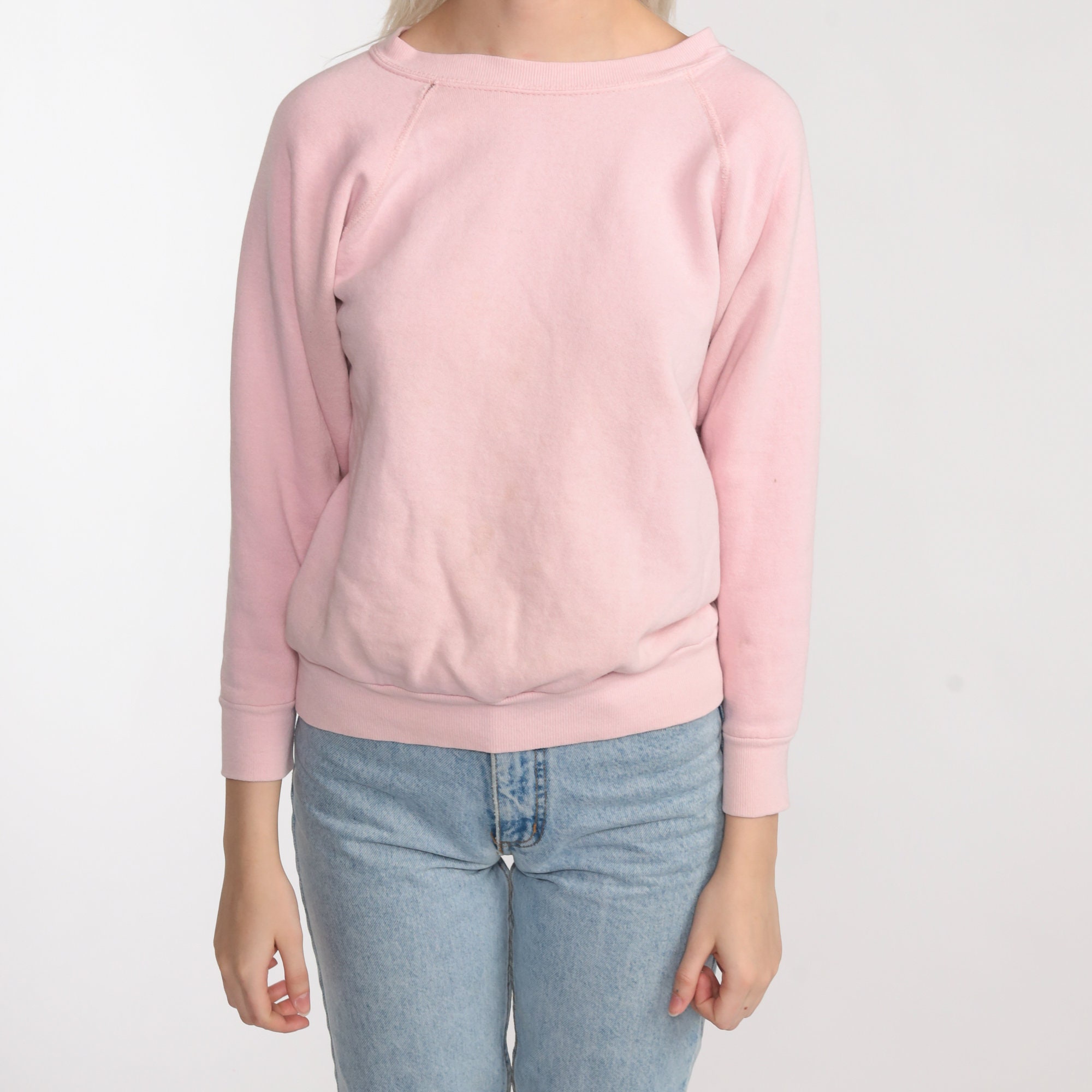 Pink Crewneck Sweatshirt 80s Sweatshirt Raglan Sleeve Plain Long Sleeve ...