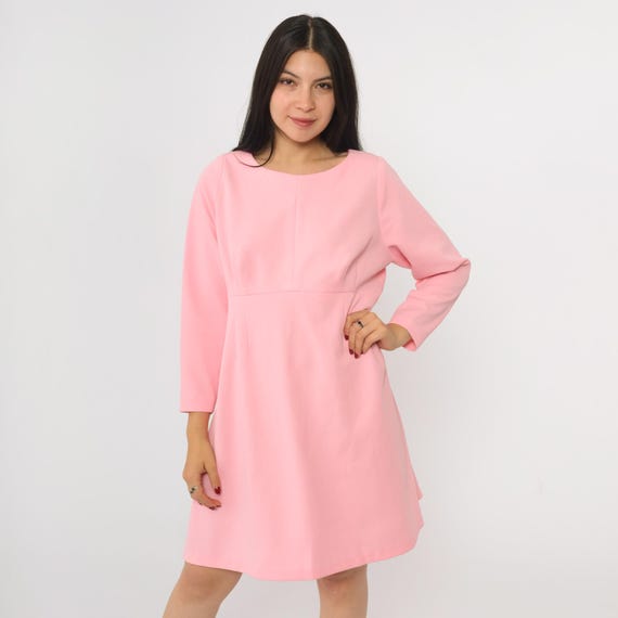70s Pink Babydoll Dress Mod Mini Dress Vintage 60s Party Empire Waist Dress Long sleeve 1970s Plain Medium M