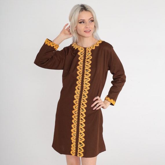 60s Cocktail Dress Brown Sequin Dress Mod Mini Shift Yellow Soutache Embroidered Shift Party 70s Hippie Long Sleeve Vintage 1960s Small