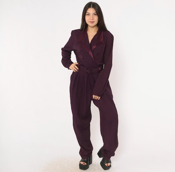 80s Purple Jumpsuit Double Breasted Satin Lapel Belted Long Sleeve Plum Pleated Tapered Pants Collared Blouson Bodice Vintage Small S