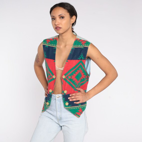 90s Southwestern Vest Red Blue Boho Geometric Shirt W… Gem
