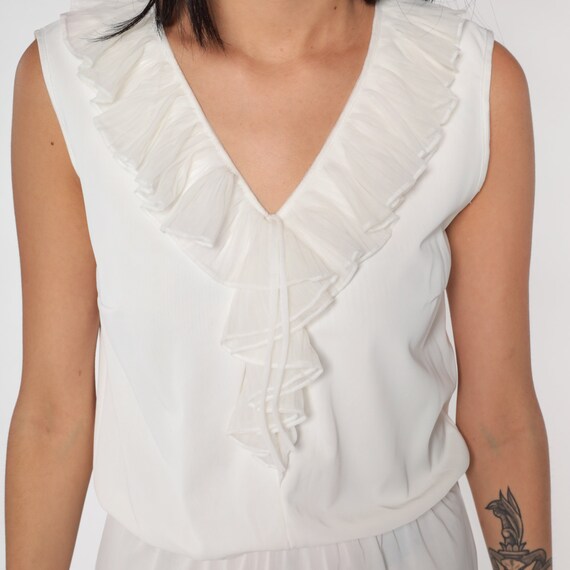White Mini Dress 70s Blouson Dress Ruffled V Neck… - image 7